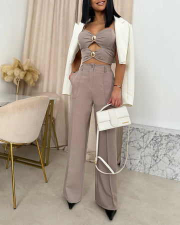 2 Pieces Outfit Metal Button Decor Spaghetti Strap Shirred Top and Casual Business Wide Leg Pants Set